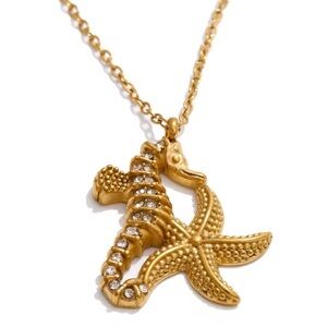 Seahorse Starfish Crystal 18K Gold Stainless Steel Waterproof Necklace